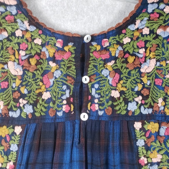 Sister Mary Karmen Embroidered Plaid Midi Dress Blue Boho  Craft L Viscose Midi - Picture 5 of 12